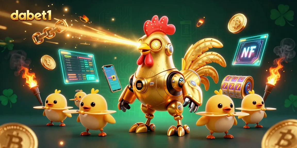 Dabet1's vibrant casino scene with a golden rooster robot and crypto coins, featuring gaming excitement.