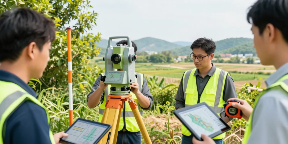 Measured Building Surveys london & Surrey & Sussex team surveying outdoors with high-tech equipment in vibrant landscape.