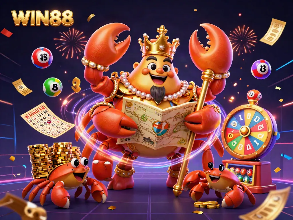 Experience exciting lottery adventures with WIN88's golden crab emperor surrounded by vibrant bouncing elements.
