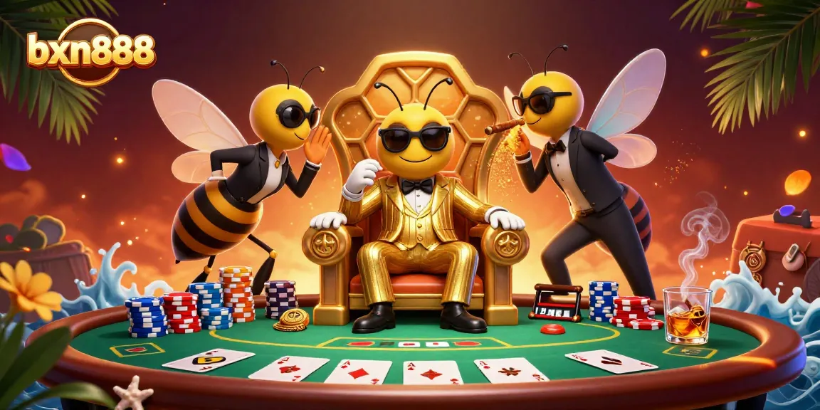 Engage with bxn888’s thrilling poker scene featuring the cartoon bee mob boss and flashy casino elements
