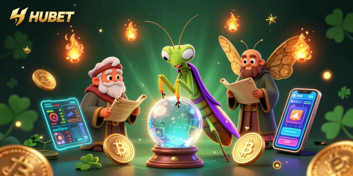 HUBET players engaging with crypto fortune, surrounded by symbols of luck and strategy