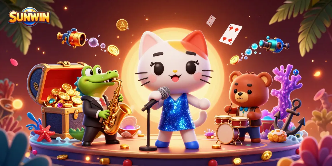 SUNWIN casino-themed illustration featuring a jazz-singer cat, saxophone-playing crocodile, and bear cub in vibrant casino scene.