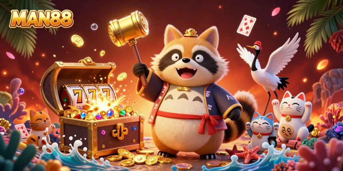 Experience winnings at MAN88 with a dynamic 3D cartoon illustration featuring fortune symbols and casino elements.