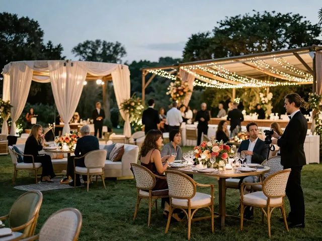 Event furniture rental for elegant outdoor wedding setup with stylish lounge areas and floral decor.