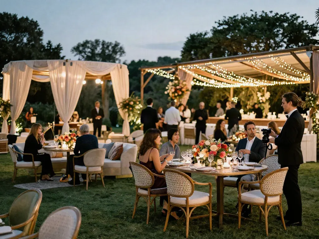 Event furniture rental for elegant outdoor wedding setup with stylish lounge areas and floral decor.