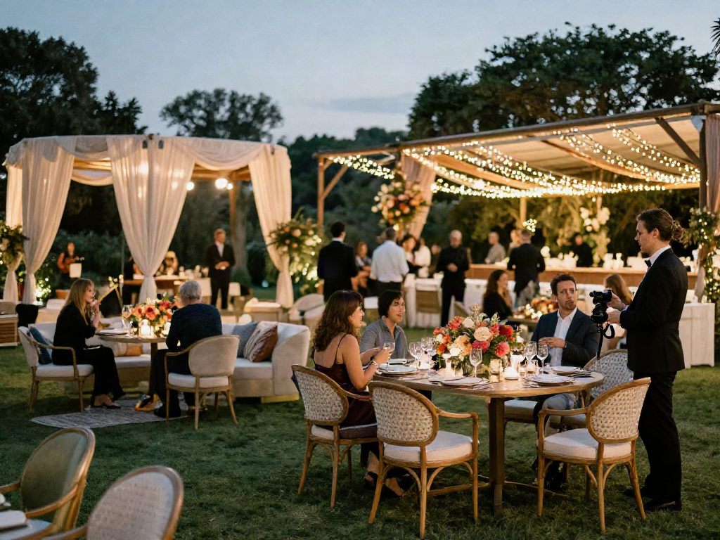 Event furniture rental for elegant outdoor wedding setup with stylish lounge areas and floral decor.