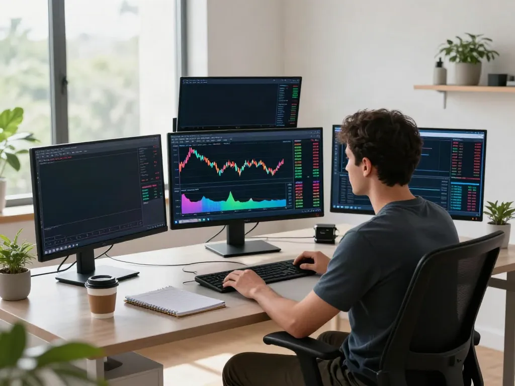 Trader utilizing tradingview官网 in a sleek home office with multiple screens.