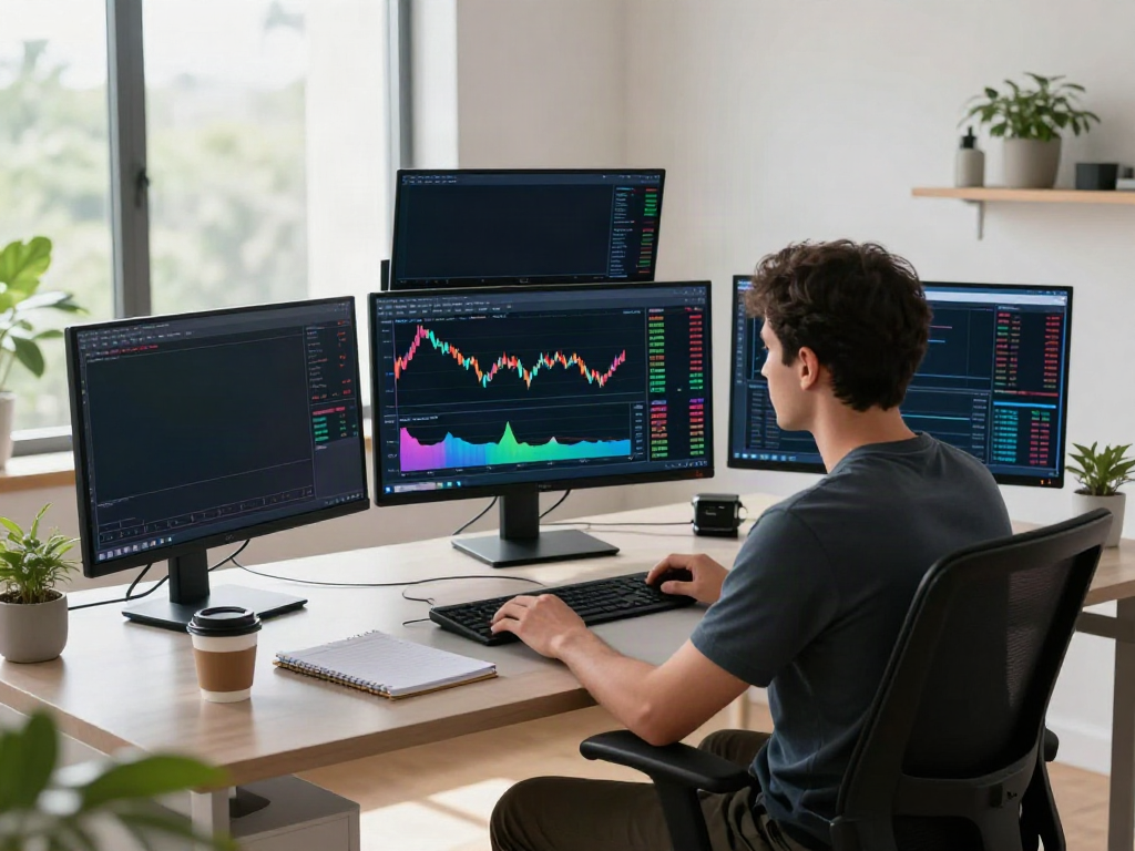 Trader utilizing tradingview官网 in a sleek home office with multiple screens.