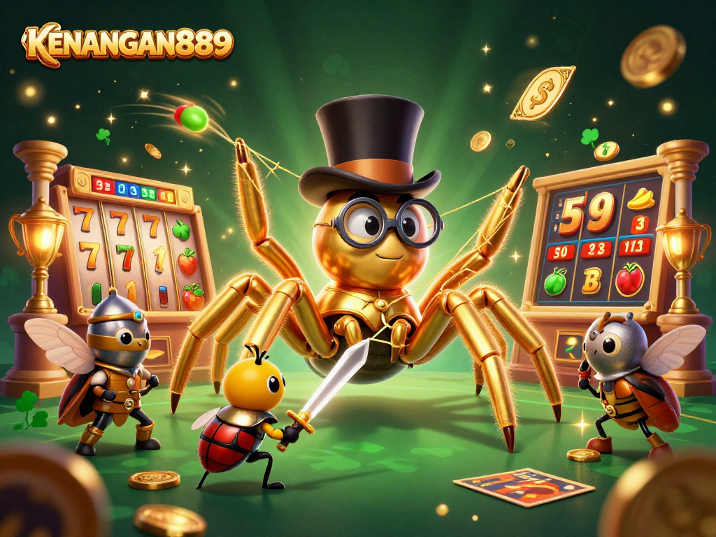 Experience gaming excitement at KENANGAN889 with unique golden web features, slot reels, and interactive characters.