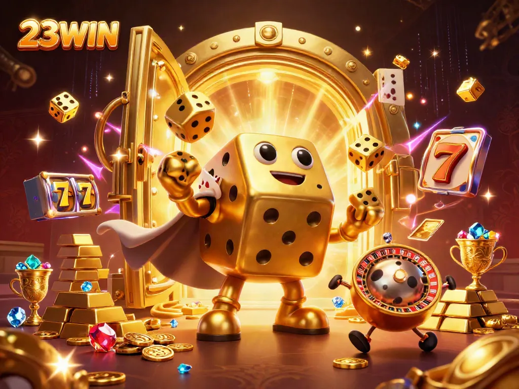 Experience the excitement of 23WIN with a vibrant 3D casino-themed illustration showcasing a unique golden dice golem.
