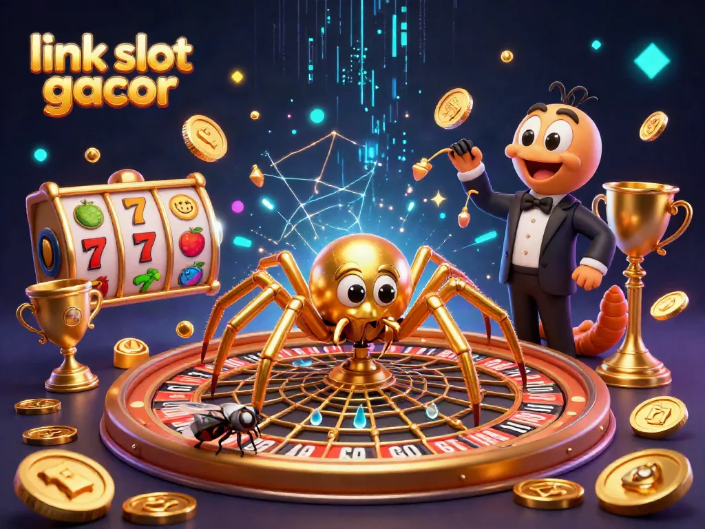 Fitur link slot gacor yang menarik dengan laba-laba emas dan elemen kasino dinamis untuk menarik perhatian pemain.