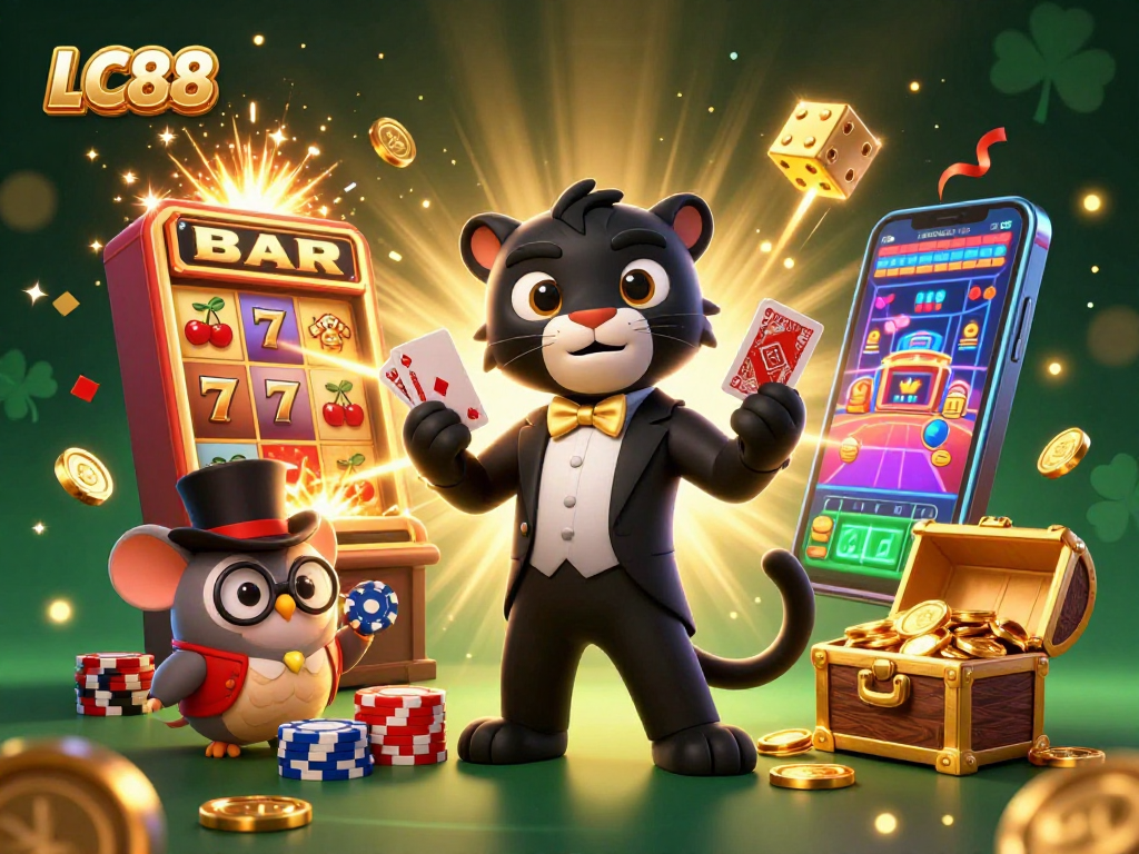 Experience thrilling gaming at LC88 with a vibrant scene of a tuxedo-clad black panther, a top-hat owl, and a lucky mouse!