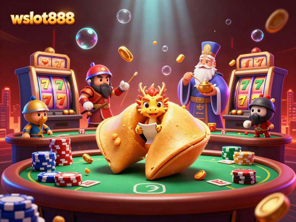 Menelusuri kesenangan bermain di wslot888 dengan simbol slot yang berkilauan dan karakter kartun.