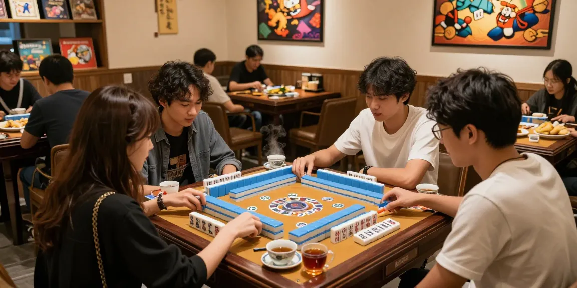 Diverse friends enjoying MAHJONGJP88 in a lively gaming cafe, colorful tiles and snacks around.