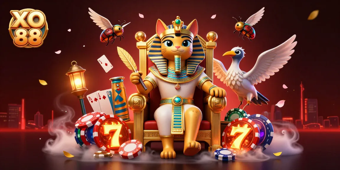 Engage with thrilling casino action in XO 88, illustrated by a pharaoh cat and vibrant gaming elements.