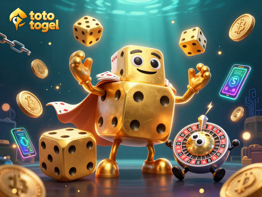 Juggling dadu emas raksasa di toto togel dengan koin kripto dan latar belakang futuristik.