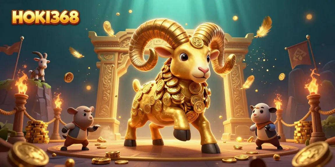 HOKI368 showcases a dynamic 3D illustration of a golden ram charging at a gate, amidst a vibrant casino-themed backdrop.