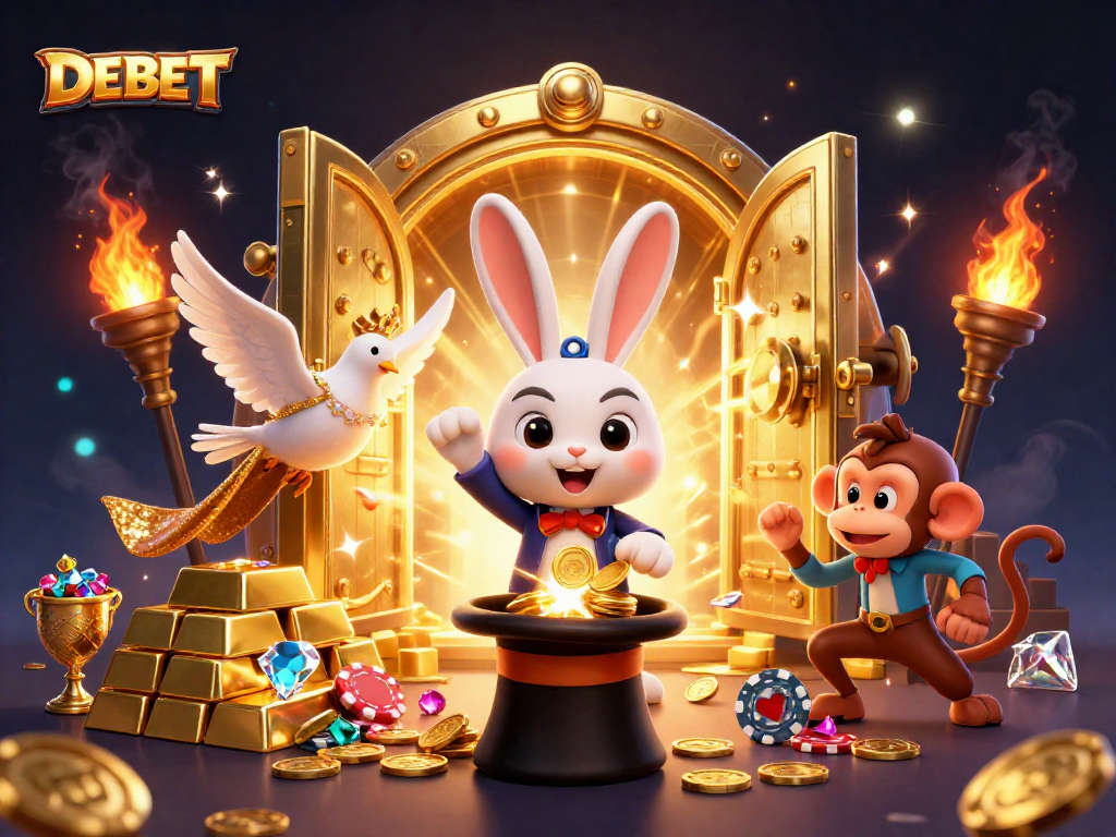 Experience the magic of DEBET as a playful rabbit conjures golden coins in a vibrant casino scene.