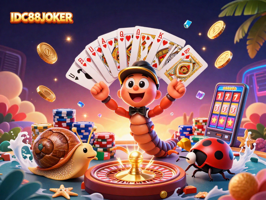 Experience casino excitement with IDC88JOKER's vibrant 3D illustration showcasing dynamic gameplay elements.