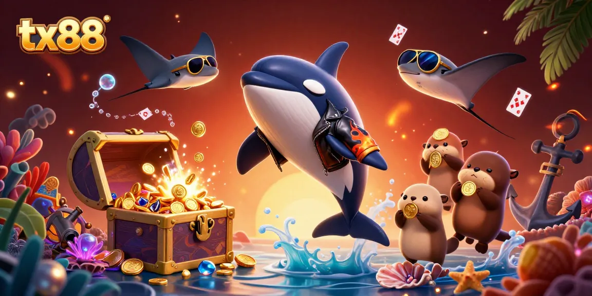 Experience victories at tx88 with playful otters and a jumping orca in a vibrant casino-themed ocean scene.