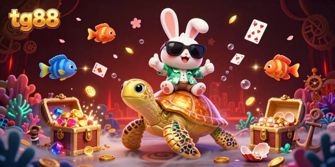 Tg88 showcases a vibrant underwater casino scene with a lucky rabbit and golden turtle surrounded by treasures.