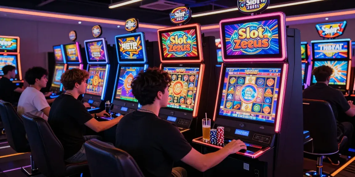 Exciting gaming atmosphere at situs raja featuring Slot Zeus machines in action