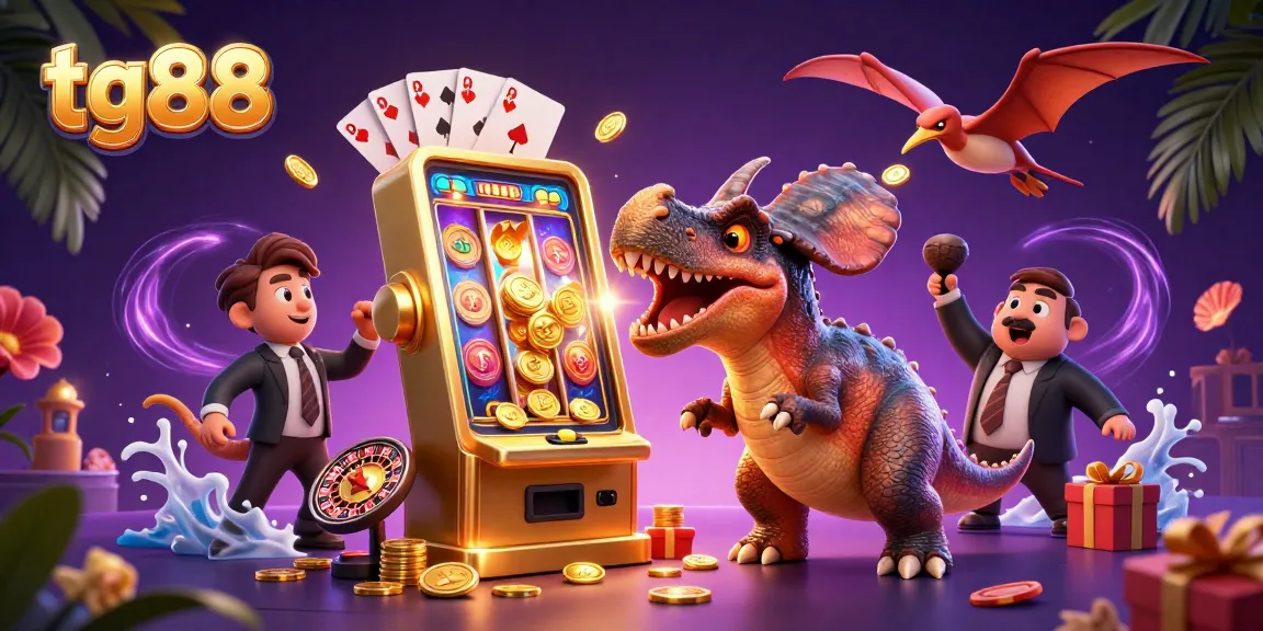 Tg88 features a whimsical pteranodon catching coins during a jackpot win at a colorful casino scene.