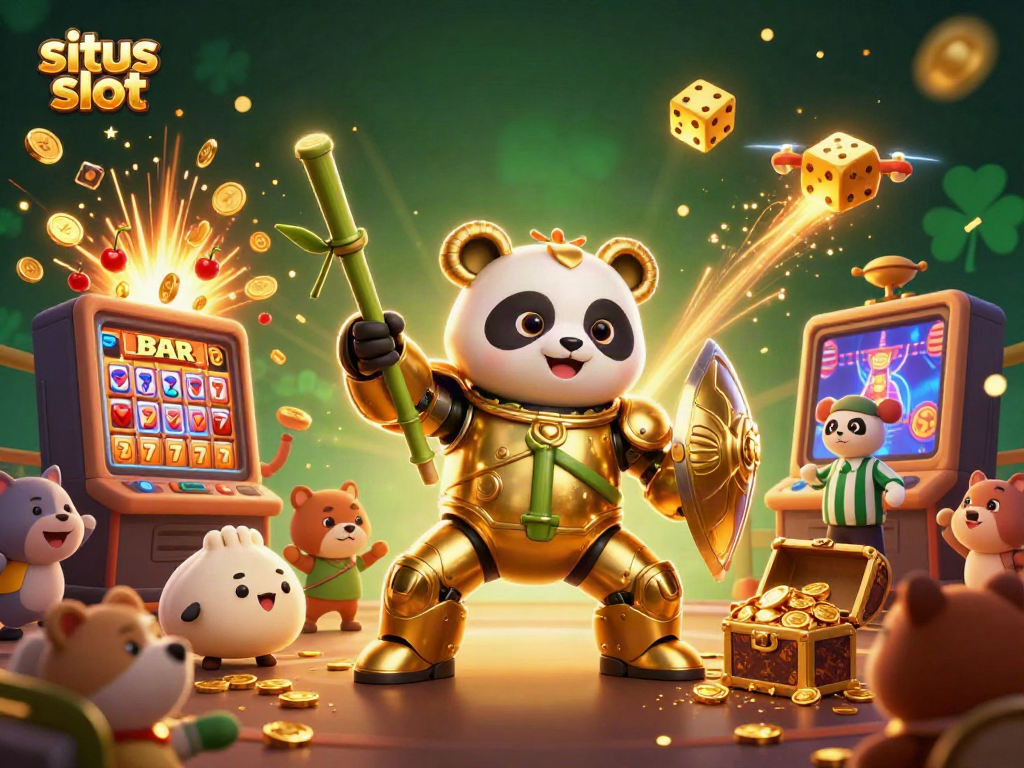 Menggenggam keberuntungan di situs slot dengan panda emas dan mesin slot yang meledak dengan koin.