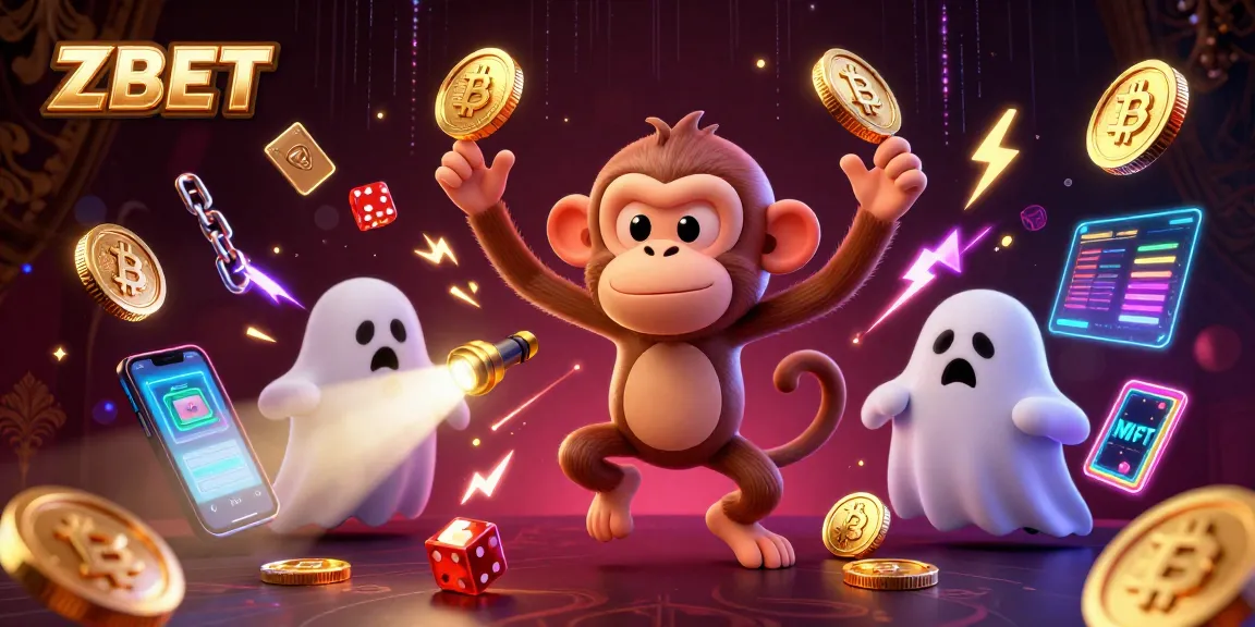 ZBET reveals thrills with a mischievous poltergeist monkey juggling coins in a haunted casino.