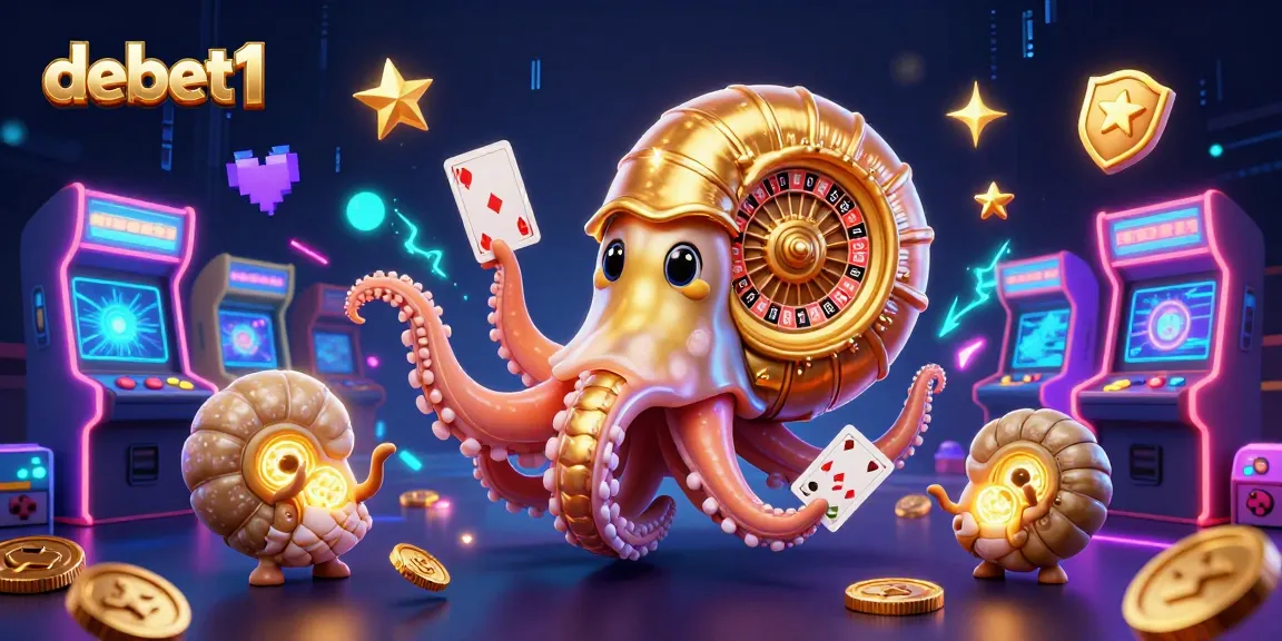 Engage in thrilling gameplay at debet1 with a vibrant 3D illustration of a nautilus roulette wheel and glowing arcade machines.