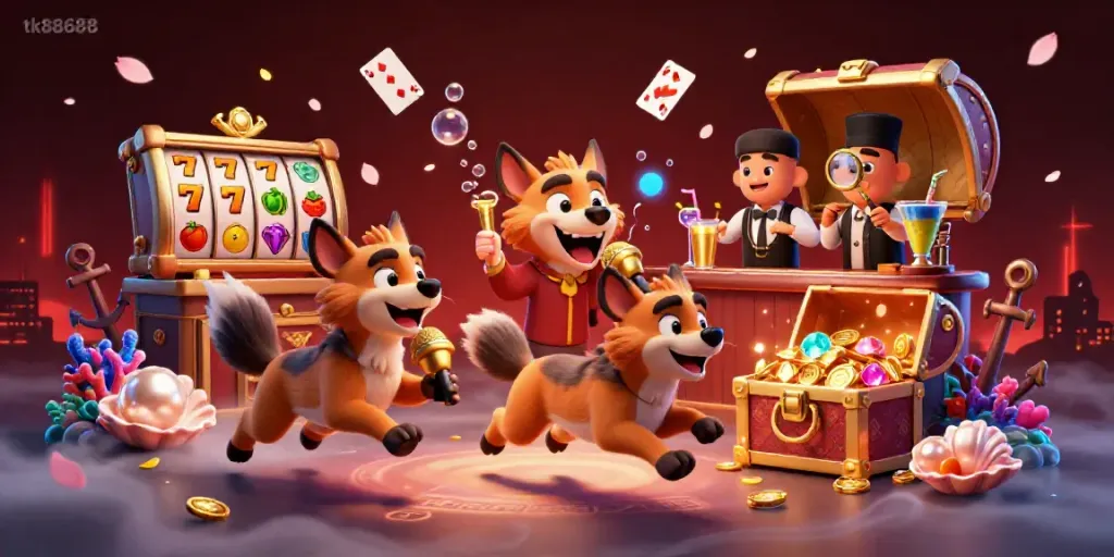 Experience thrilling gaming with tk88688 in a vibrant 3D casino scene featuring hyenas and slot reels.