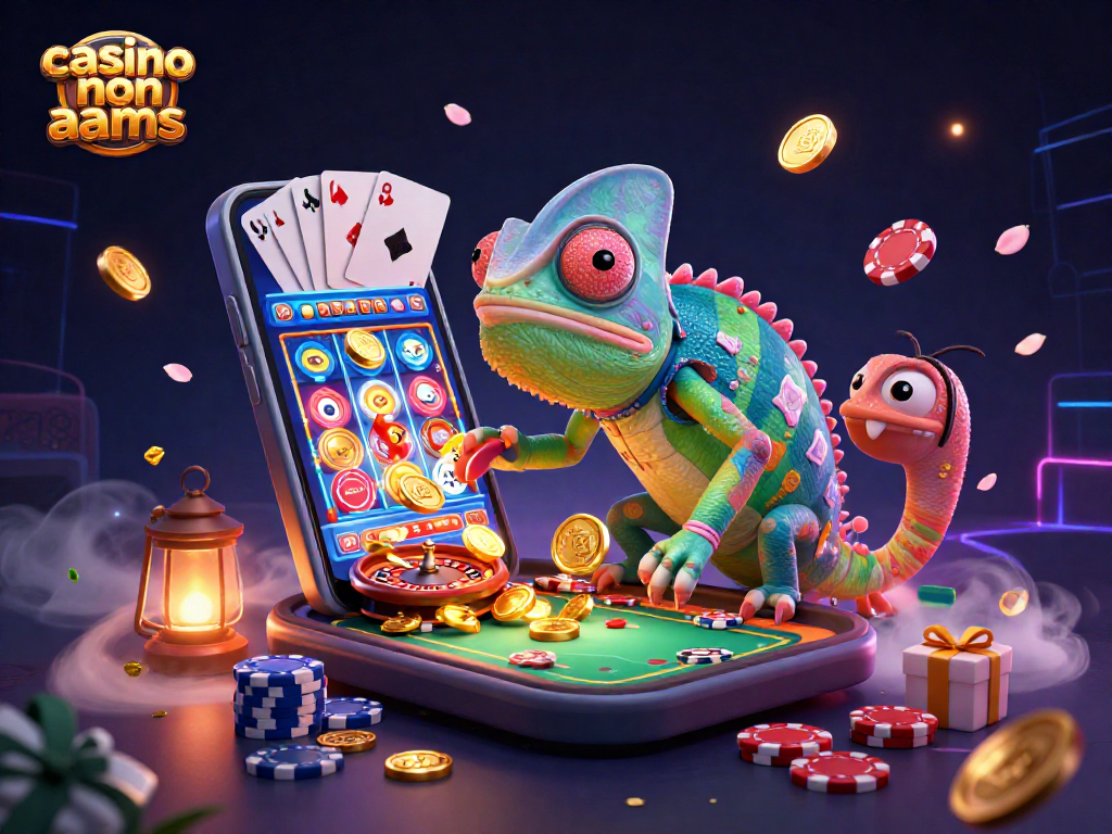 Un enorme e colorato camaleonte gestisce un casinò non AAMS, circondato da giochi d'azzardo e monete dorate.