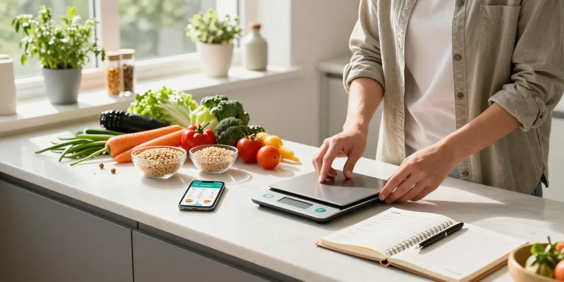 Individual measuring ingredients in a bright kitchen while using the best food tracking app for meal prep.