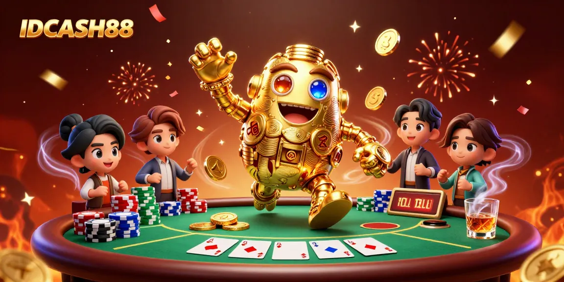 IDCASH88 captivates players with an ultra-detailed 3D casino scene featuring golden golem and poker excitement.