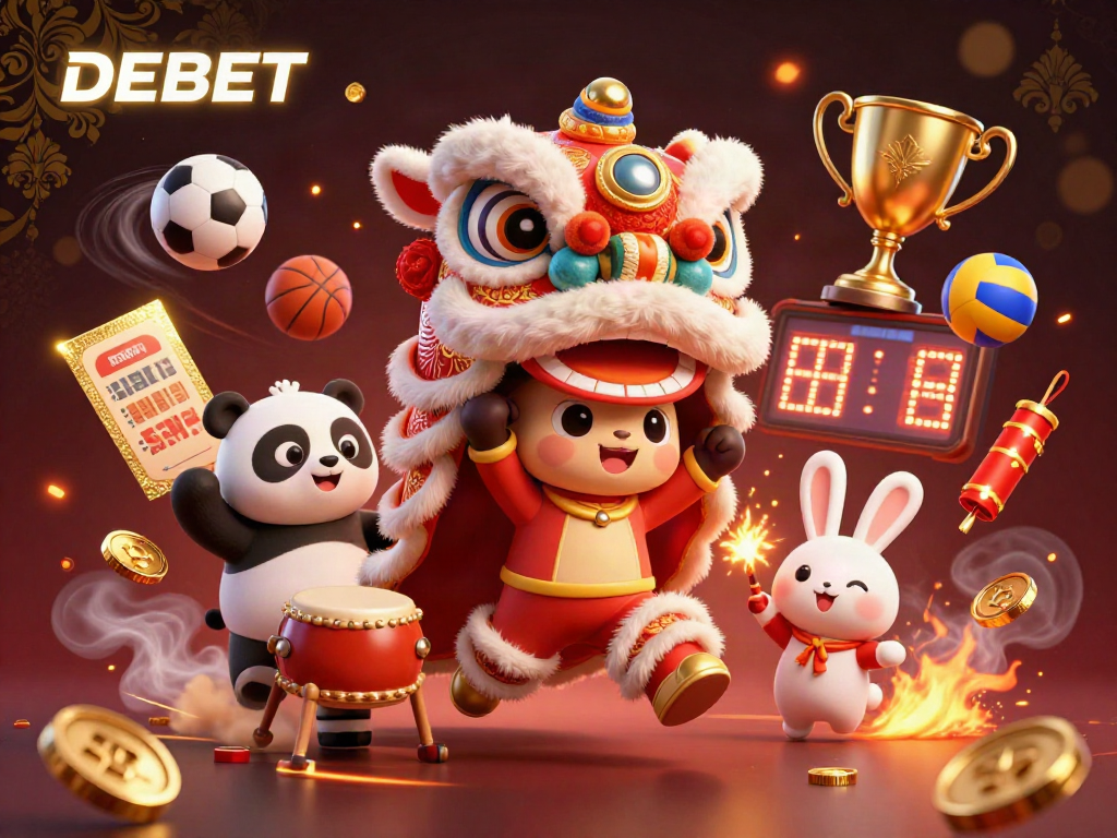 Experience DEBET's festive casino atmosphere with a vibrant lion dance, sports elements, and golden decorations.