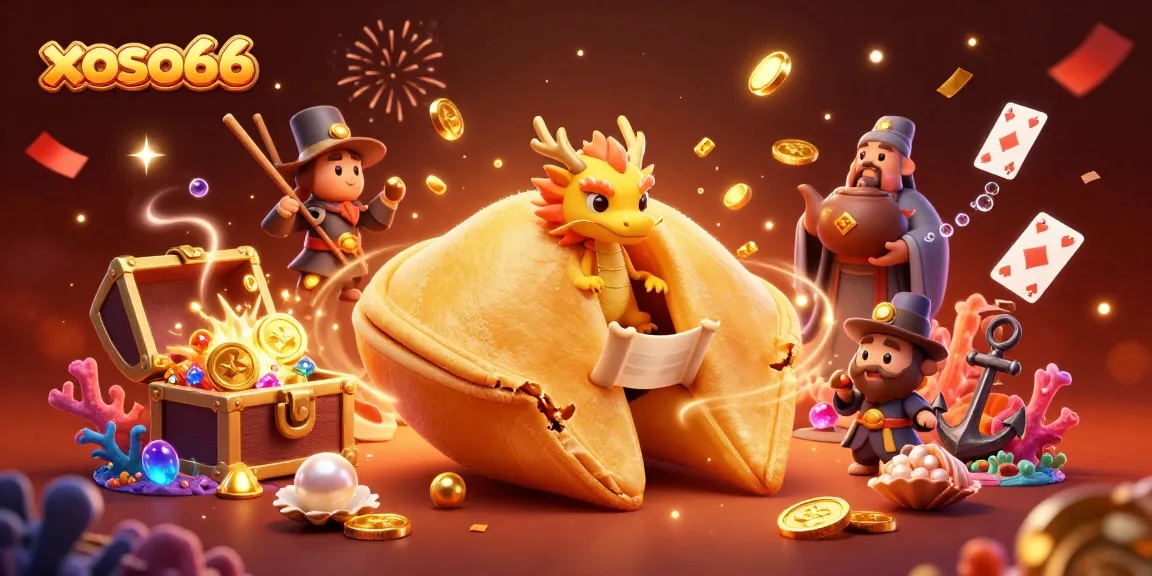 Experience luck with xoso66's golden fortune cookie surrounded by vibrant lottery treasures.