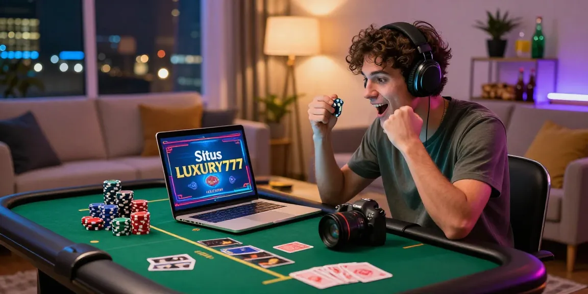 Situs LUXURY777 - Pengguna sedang bermain game online di ruang tamu yang modern, dikelilingi alat permainan seperti kartu dan chip poker.