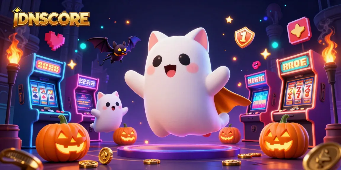 Experience thrill with IDNSCORE's playful ghost cat and vibrant casino games in an immersive 3D scene.