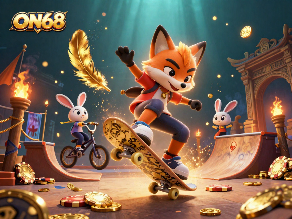 Join the action with ON68 as the fox skater and rabbit perform thrilling tricks in a dynamic casino scene.