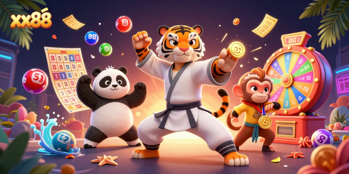 Experience exciting games at xx88, where a kung fu master and friends celebrate lottery wins in a vibrant casino