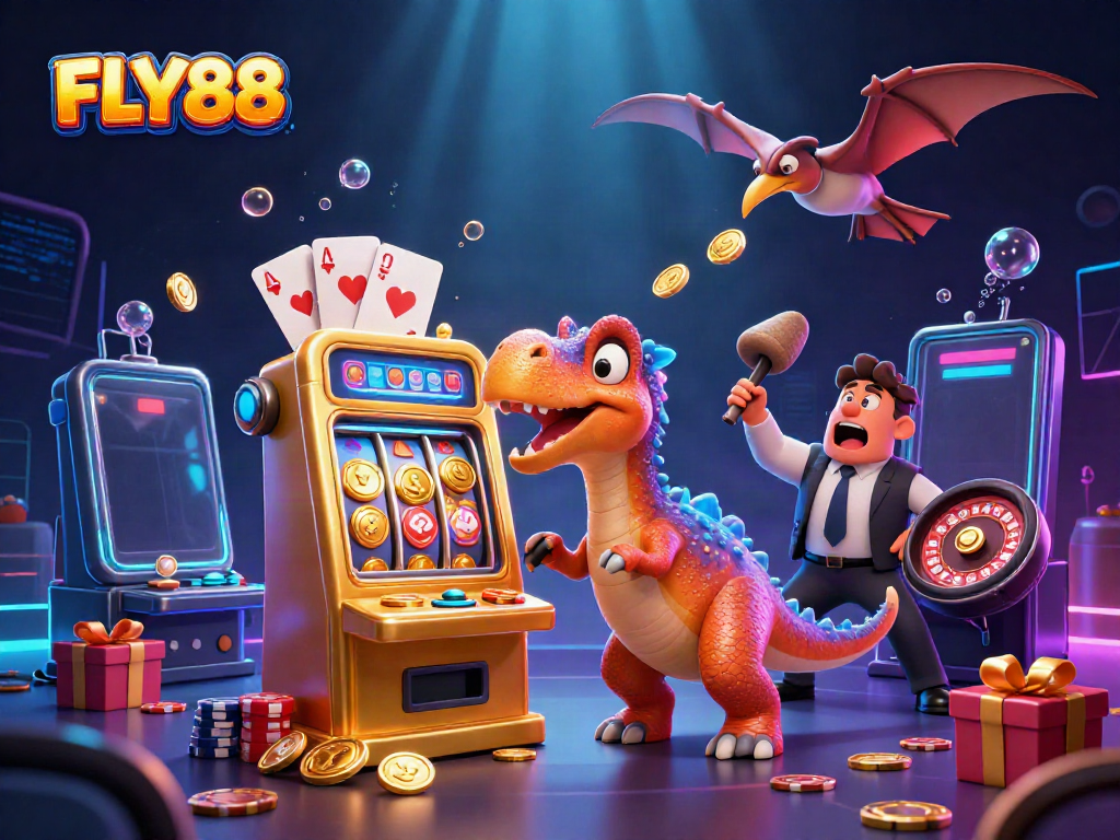 FLY88 showcases a pachycephalosaurus winning jackpot coins from a slot machine amidst casino chaos.