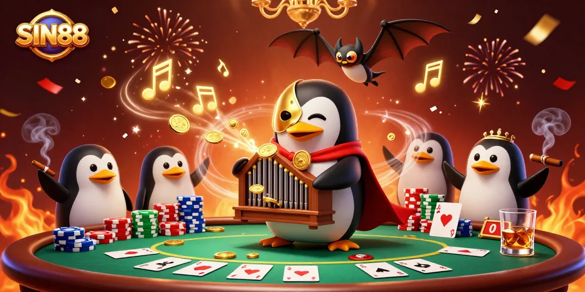 SIN88 penguin playing organ as golden coins fly, poker table nearby, casino celebration scene.