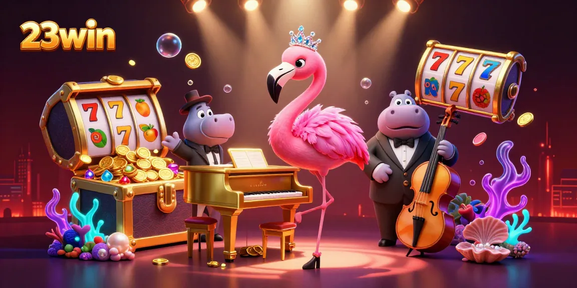 Experience the excitement of 23win with a vibrant 3D casino scene featuring lively characters and game elements.