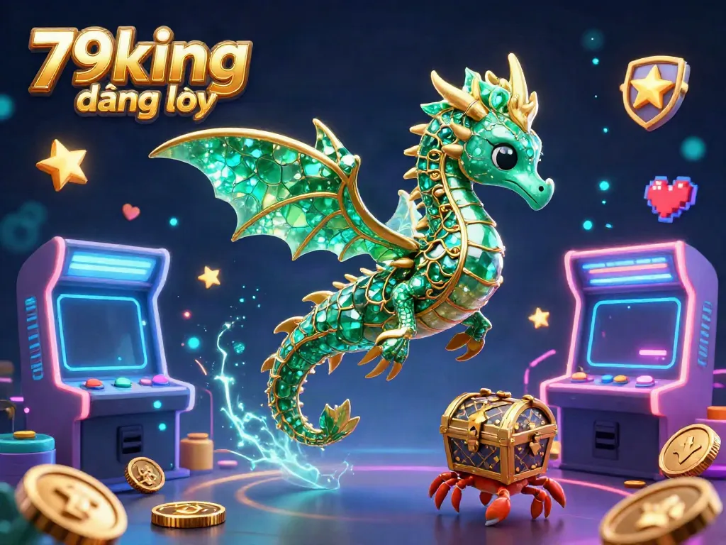 Engage with vibrant 3D gaming elements as you explore 79king đăng nhập in a dynamic casino-themed illustration.