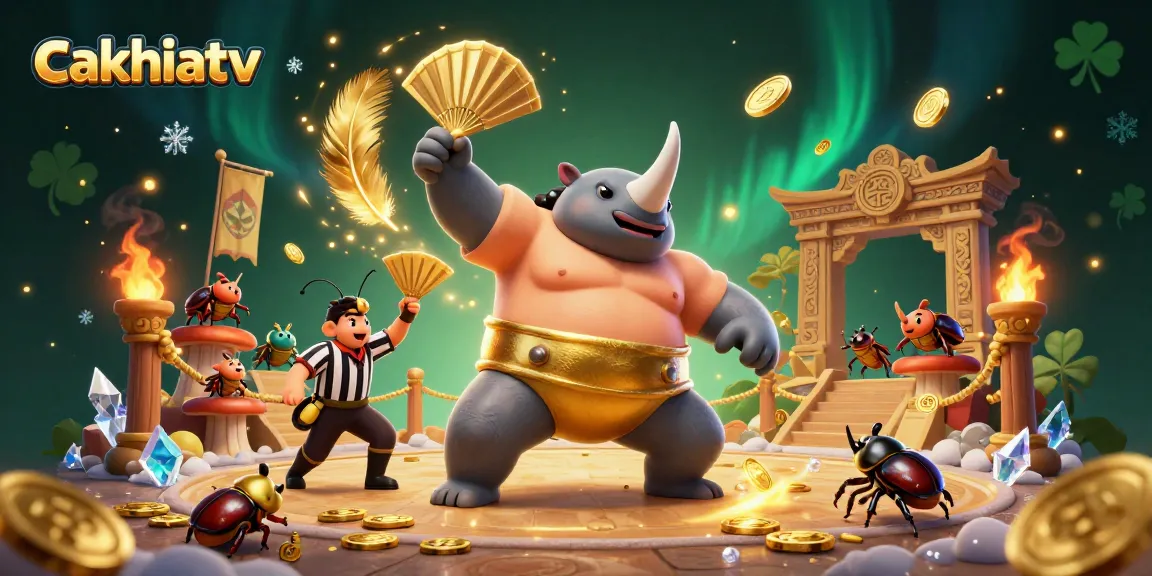 Cakhiatv engages players in a thrilling, dynamic illustrative scene of a sumo champion beetle surrounded by gold coins and betting tokens.