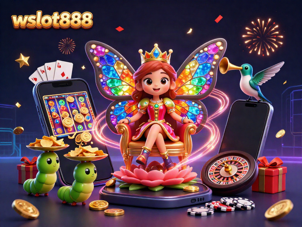 Menangkan jackpot dengan bermain slot di wslot888, dikelilingi oleh karakter dan elemen judi yang meriah.