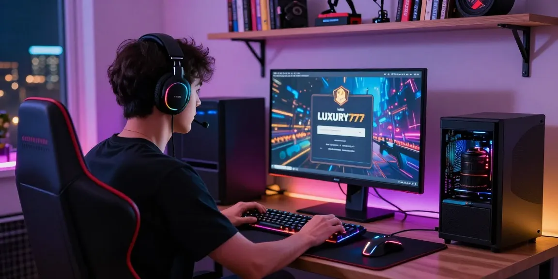 Login LUXURY777 dalam sesi gaming di rumah yang stylish, gamer terfokus dengan perangkat canggih dan pencahayaan menarik.