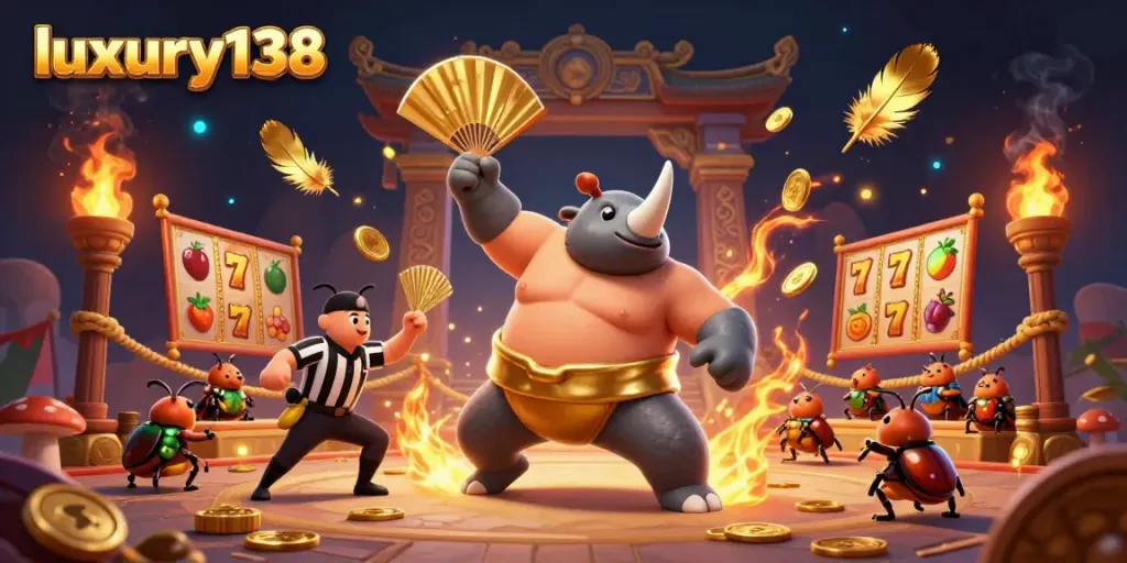 Experience the excitement of luxury138 as a sumo beetle champion creates winning moments in this 3D casino scene.