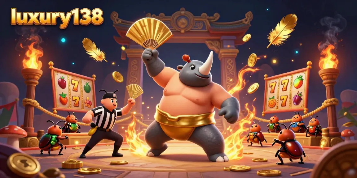 Experience the excitement of luxury138 as a sumo beetle champion creates winning moments in this 3D casino scene.