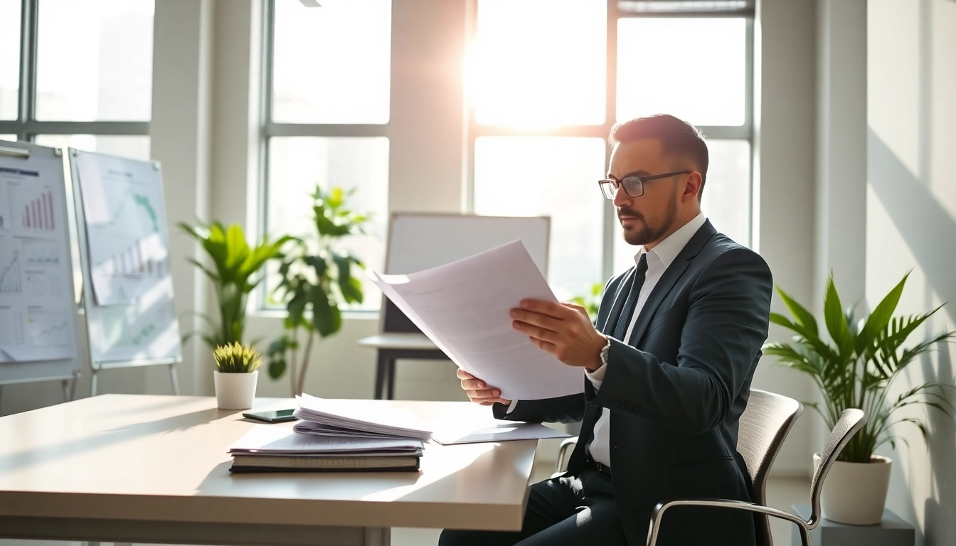 Reviewing documents for Business overhead expense insurance in a modern office setting.